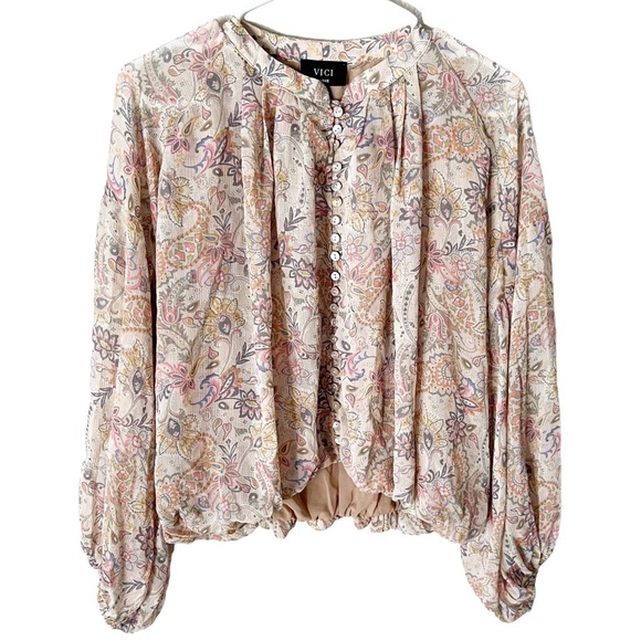 VICI Paisley Floral Button Front Cropped Balloon Sleeve Blouse L Bohemian Boho - Picture 2 of 10